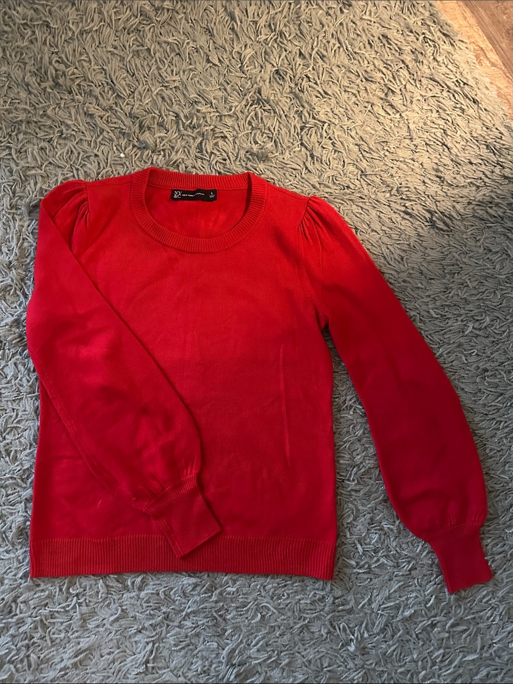 New York & Company Red Puff-Sleeve Crewneck Sweater